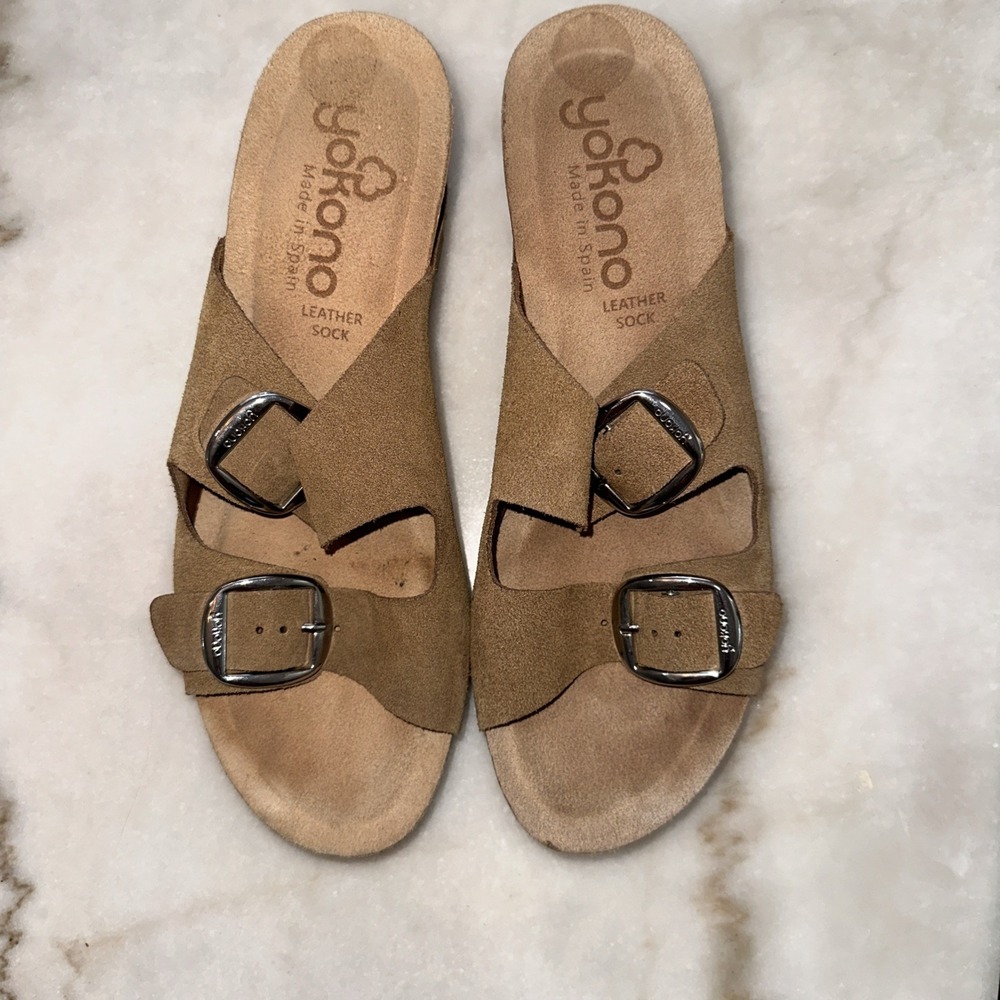 Yokono Tan Buckle Wedge Slide On Wedge‎ Sandals women's size 9